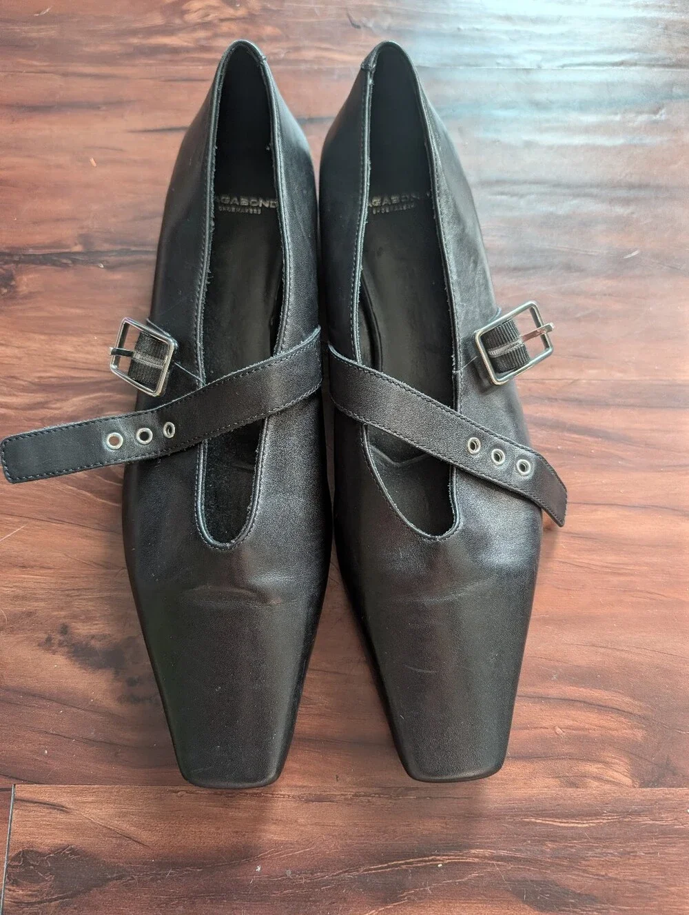 Vagabond Wioletta Buckle Strap Pointed Ballet Flats in Black Leather